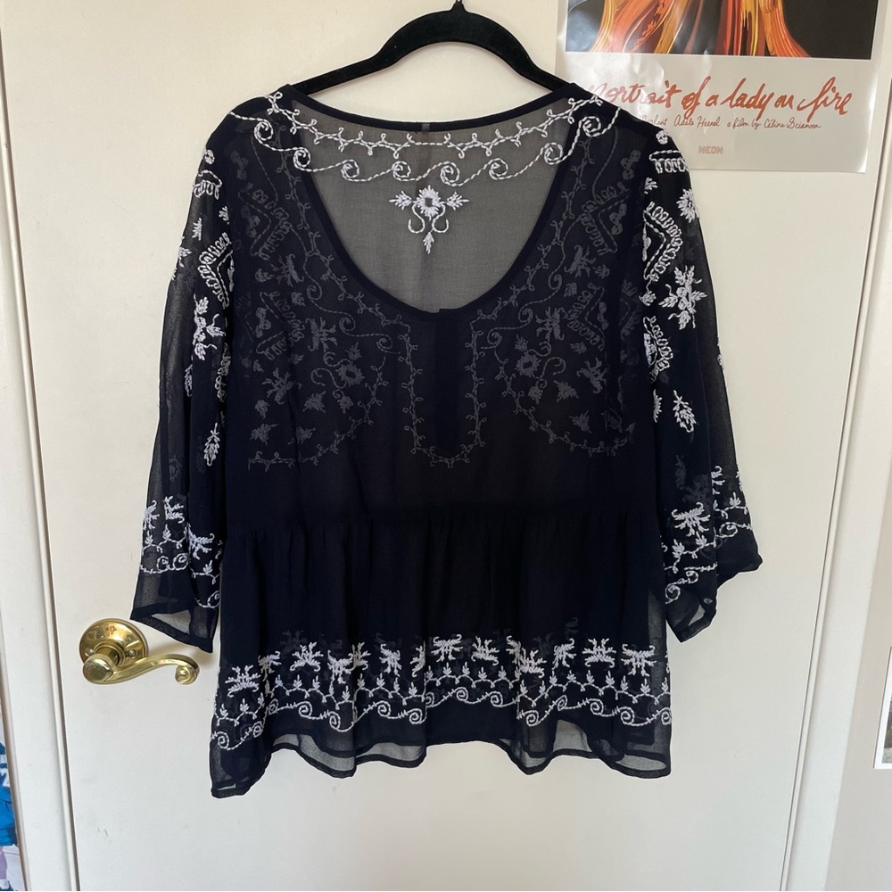 Free People Sheer Black Blouse with White Embroidery - Picture 3 of 3